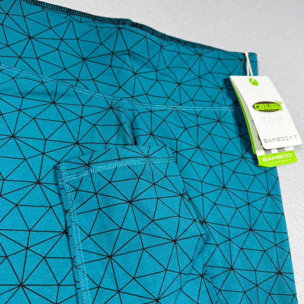 Cariloha Bamboo Fit Performance Leggings Teal Geometric Triangle Pattern Women M